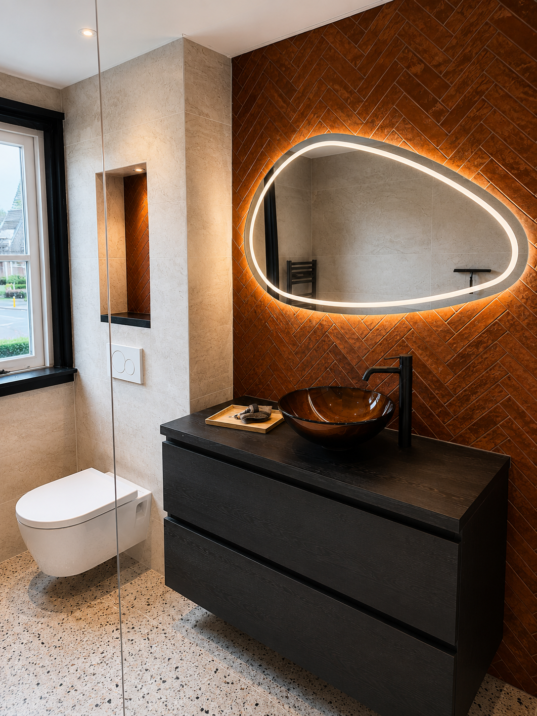 Badkamer met zwart meubel, verlichte spiegel en visgraatwand