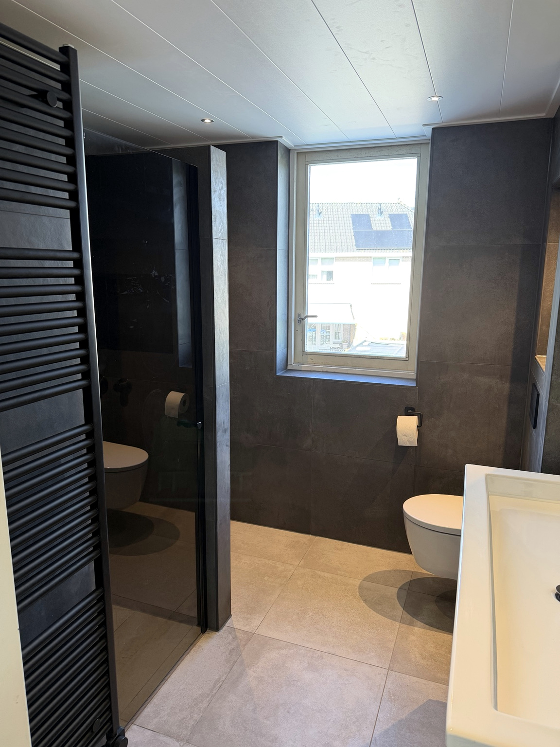 Badkamer met zwarte radiator, glazen douchewand en wandcloset